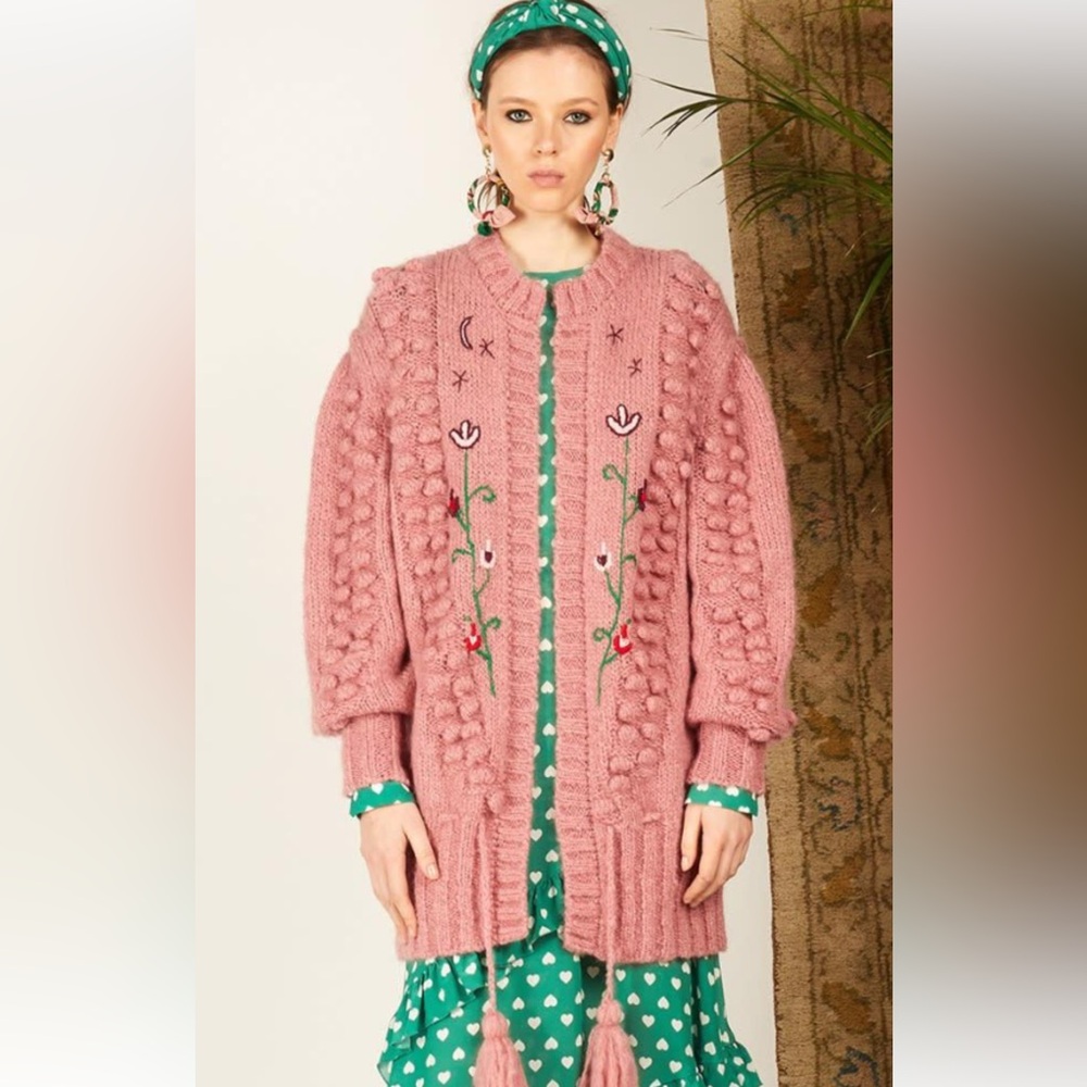 $650 Hayley Menzies Gloria Rose Mohair Midi Cardigan Pink Embroidered Small